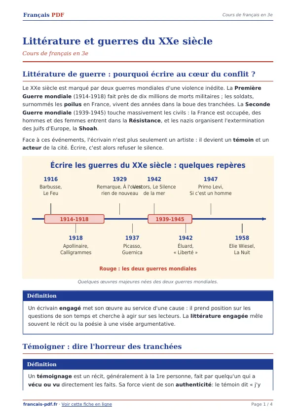 Cours « Littérature et guerres du XXe siècle » en PDF