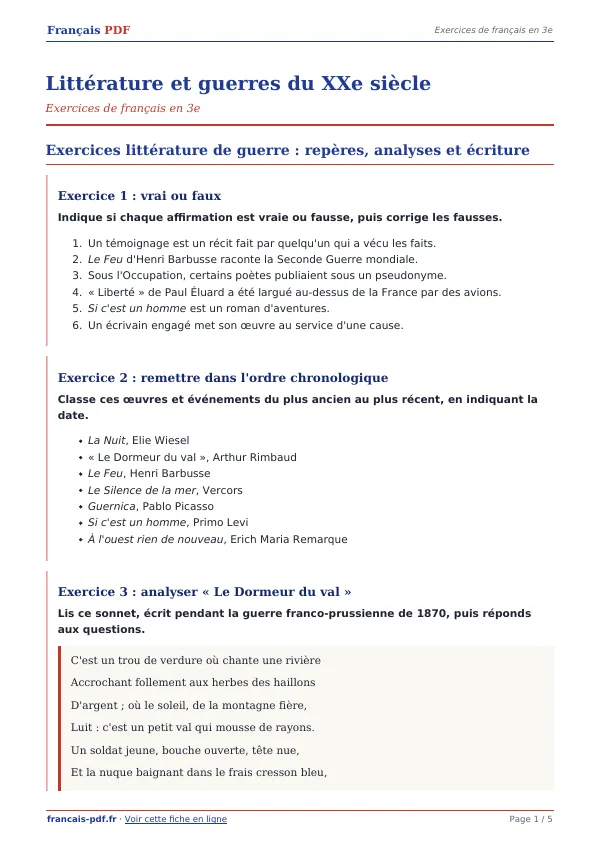 Exercices « Littérature et guerres du XXe siècle » en PDF
