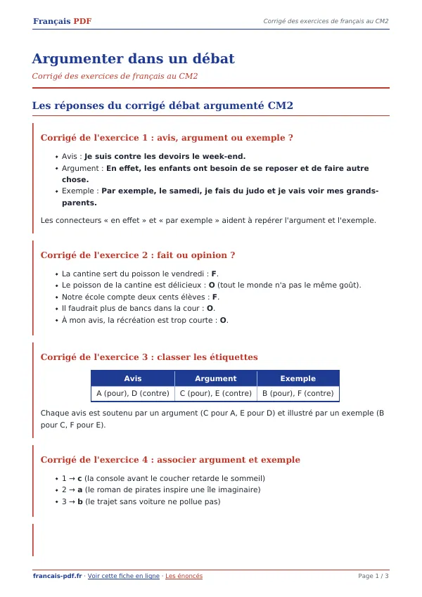 Corrigé « Argumenter dans un débat » en PDF