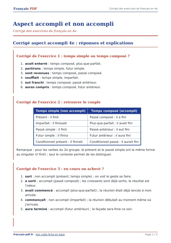 Corrigé « Aspect accompli et non accompli » en PDF