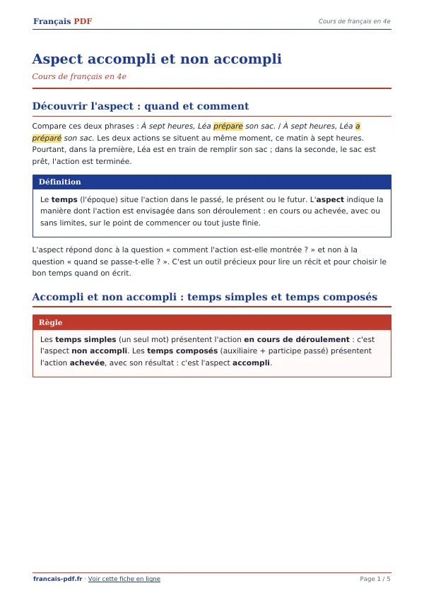Cours « Aspect accompli et non accompli » en PDF