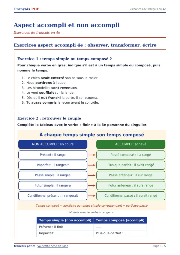Exercices « Aspect accompli et non accompli » en PDF