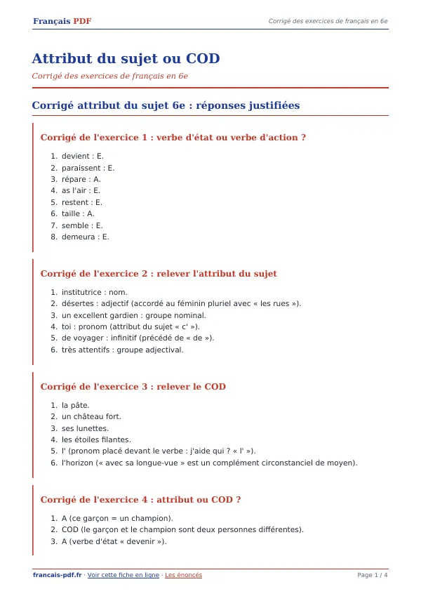 Corrigé « Attribut du sujet ou COD » en PDF