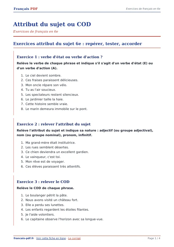 Exercices « Attribut du sujet ou COD » en PDF