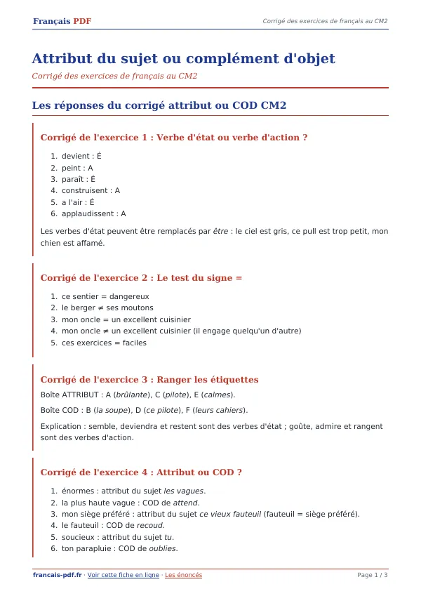 Corrigé « Attribut du sujet ou complément d’objet » en PDF