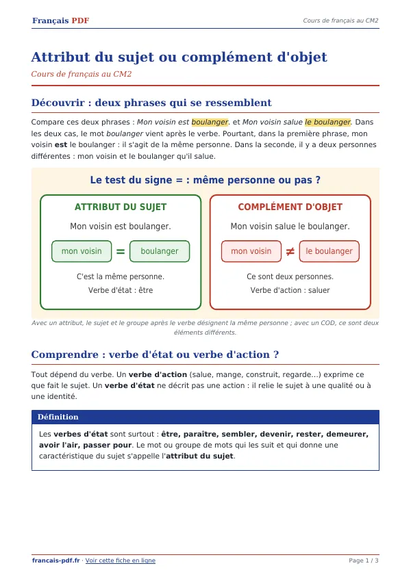Cours « Attribut du sujet ou complément d’objet » en PDF