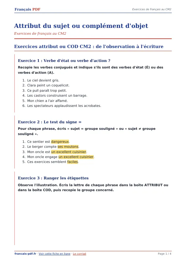 Exercices « Attribut du sujet ou complément d’objet » en PDF