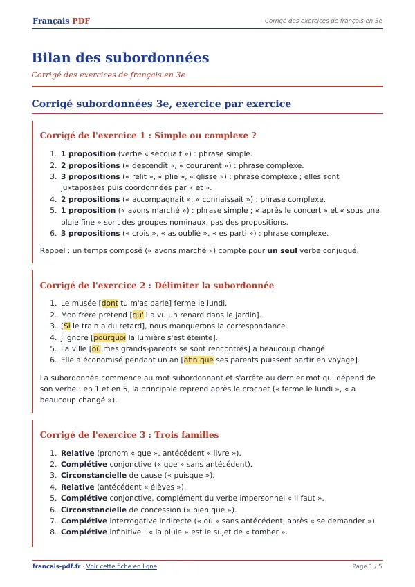 Corrigé « Bilan des subordonnées » en PDF