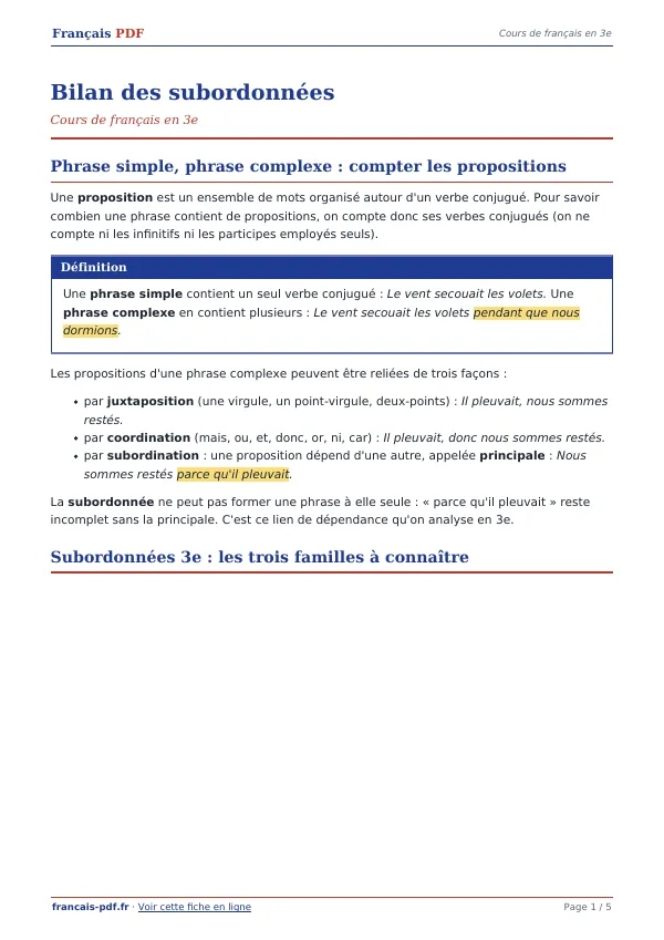 Cours « Bilan des subordonnées » en PDF