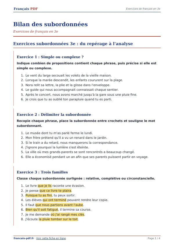 Exercices « Bilan des subordonnées » en PDF
