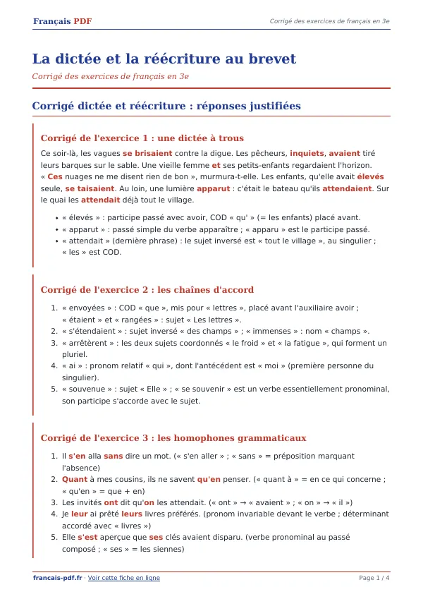 Corrigé « La dictée et la réécriture au brevet » en PDF