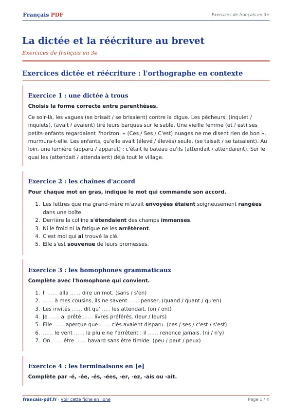 Exercices « La dictée et la réécriture au brevet » en PDF