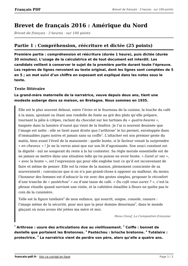 Brevet de français 2016 en PDF