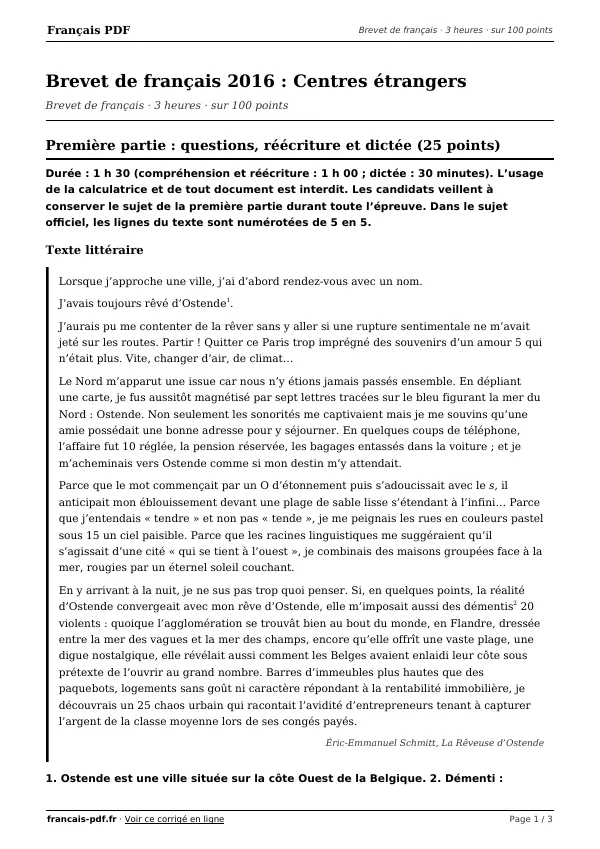 Brevet de français 2016 en PDF