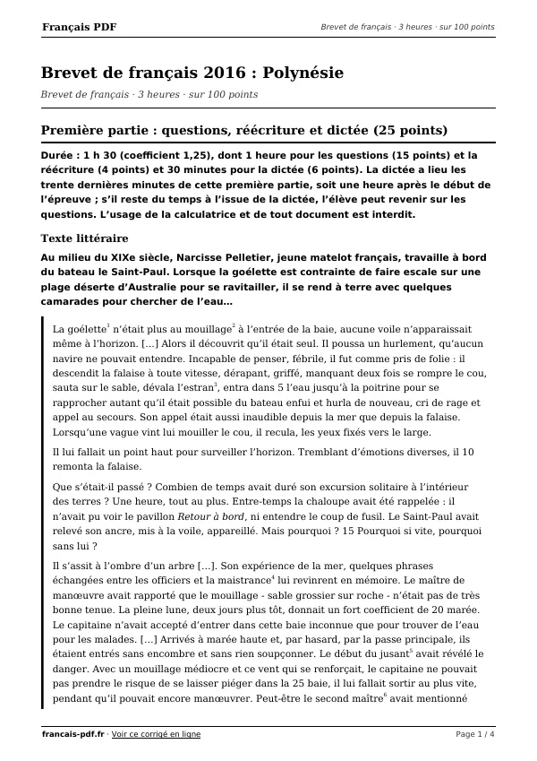 Brevet de français 2016 en PDF
