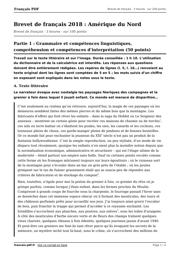Brevet de français 2018 en PDF