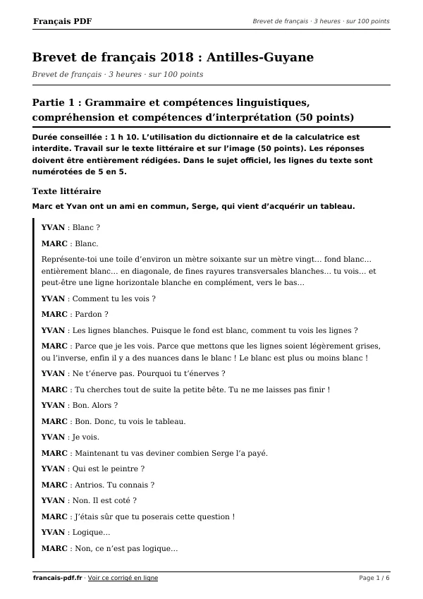 Brevet de français 2018 en PDF