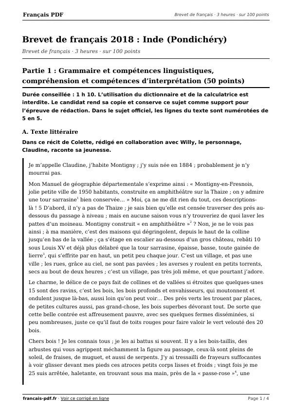 Brevet de français 2018 en PDF