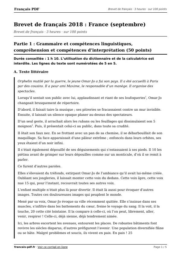 Brevet de français 2018 en PDF