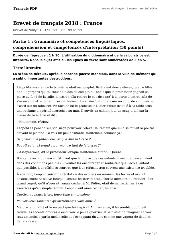 Brevet de français 2018 en PDF