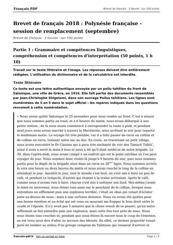 Brevet de français 2018 en PDF