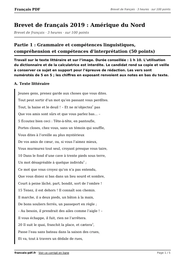 Brevet de français 2019 en PDF