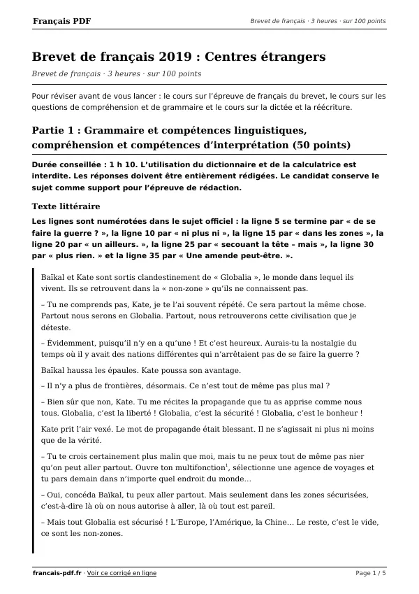 Brevet de français 2019 en PDF
