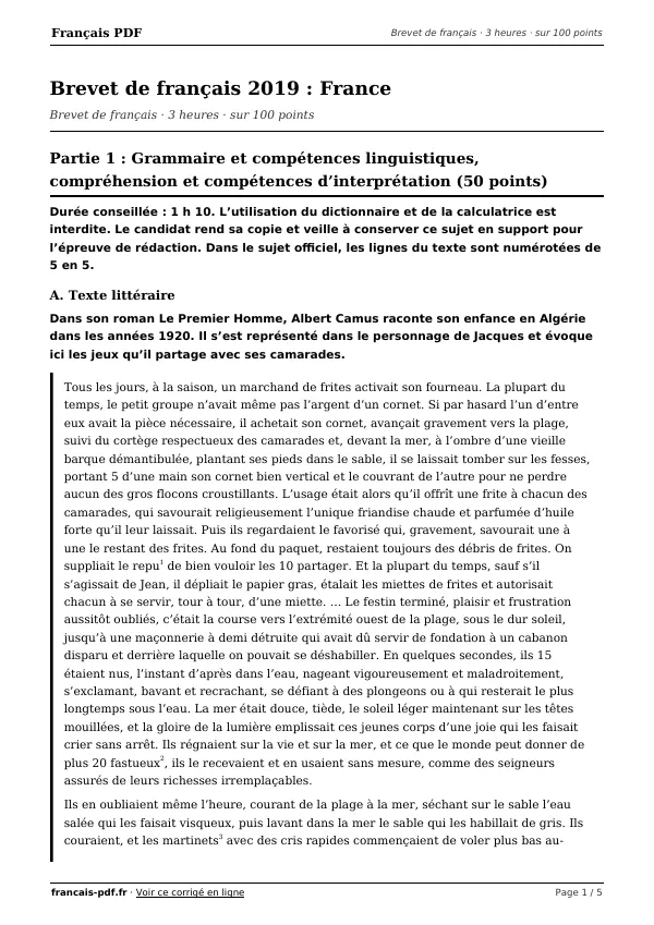 Brevet de français 2019 en PDF