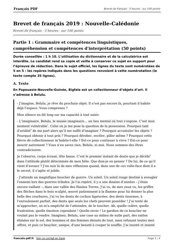 Brevet de français 2019 en PDF