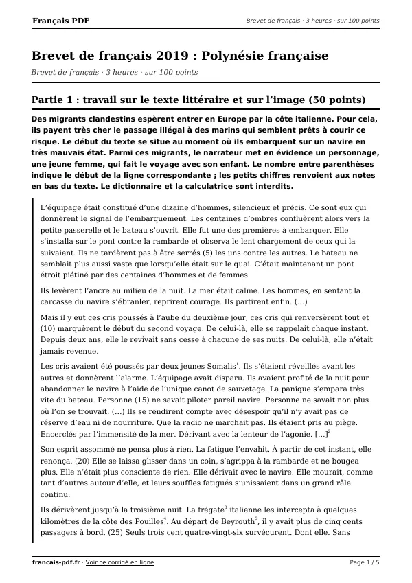 Brevet de français 2019 en PDF