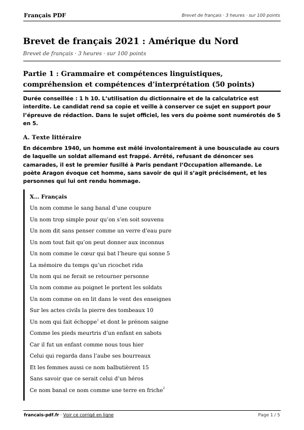 Brevet de français 2021 en PDF