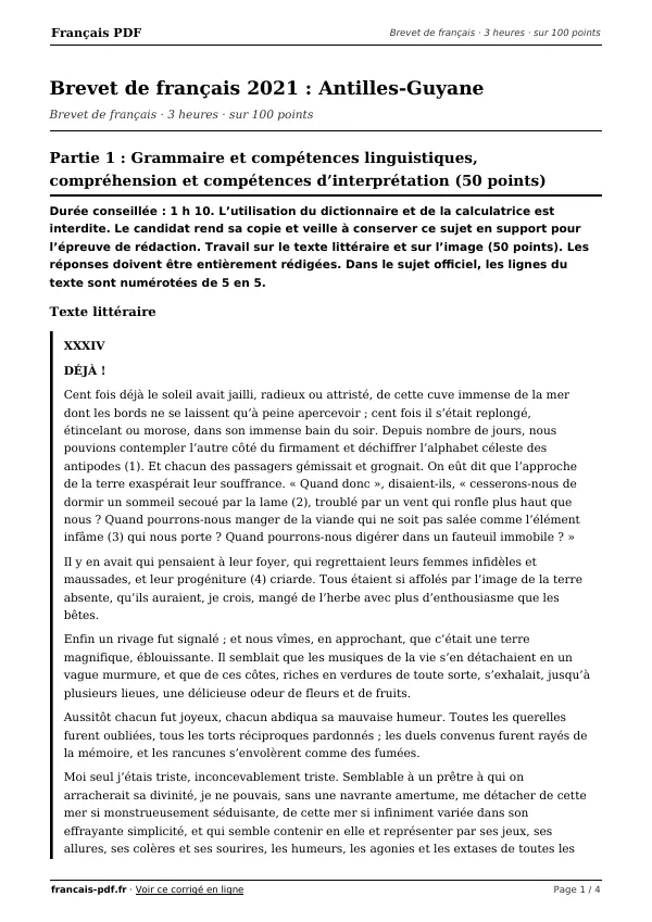 Brevet de français 2021 en PDF