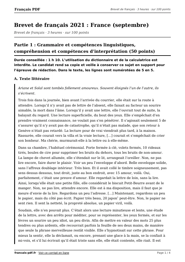 Brevet de français 2021 en PDF