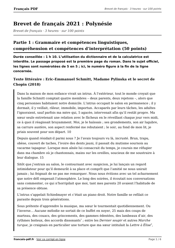 Brevet de français 2021 en PDF