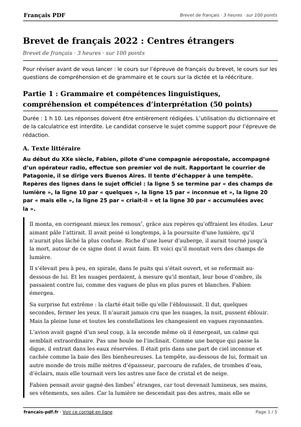 Brevet de français 2022 en PDF