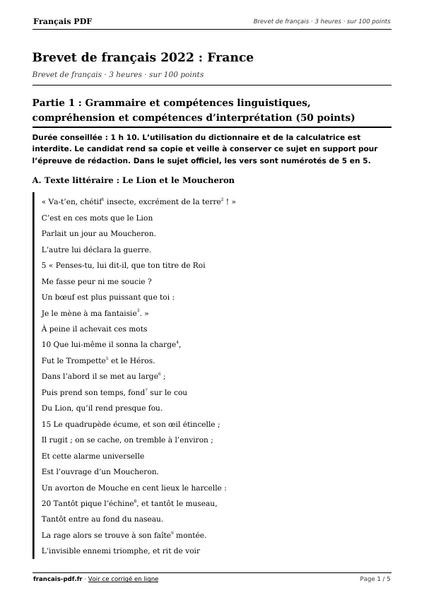 Brevet de français 2022 en PDF