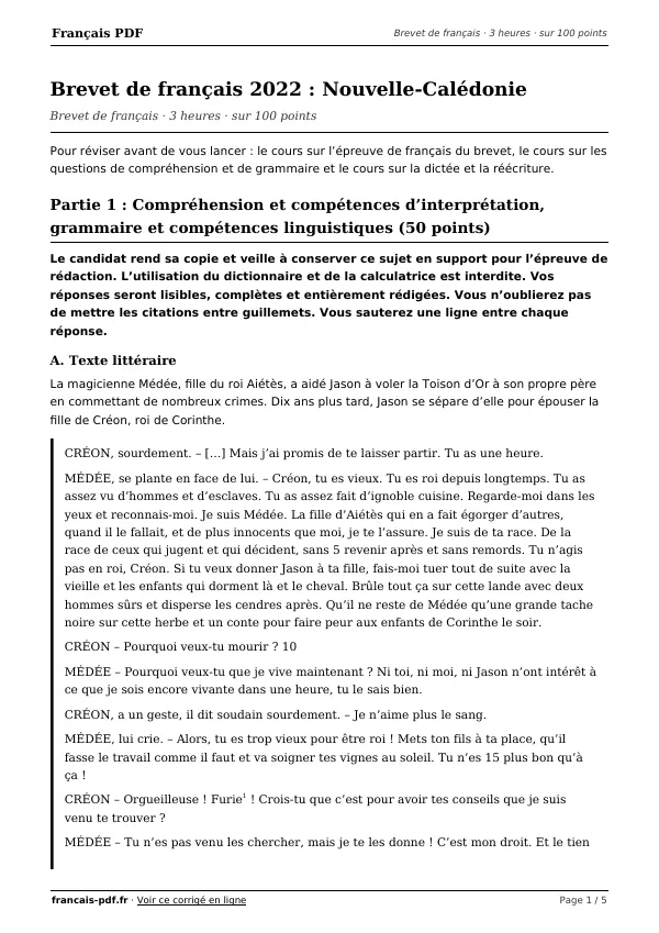 Brevet de français 2022 en PDF
