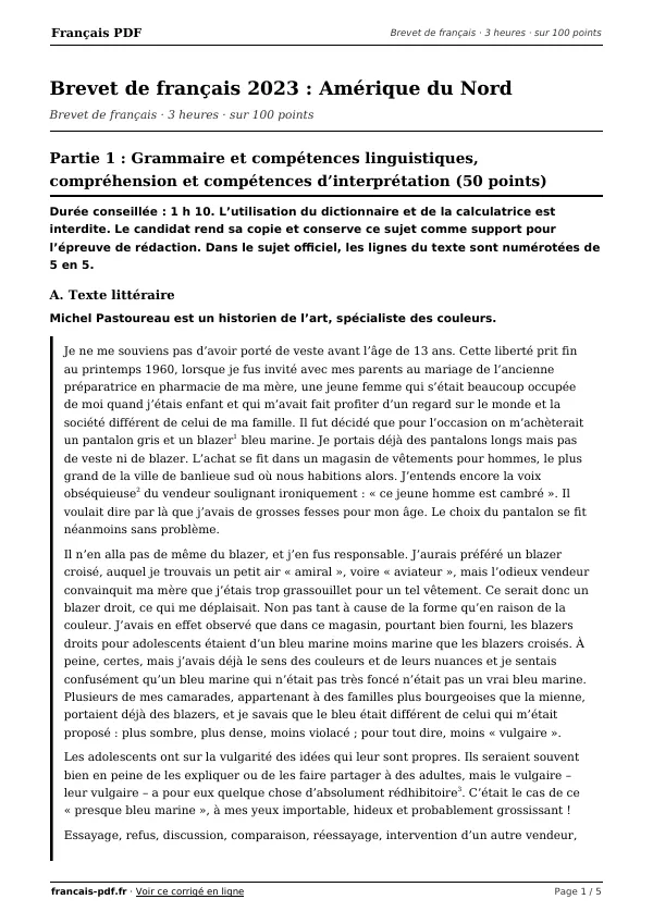 Brevet de français 2023 en PDF