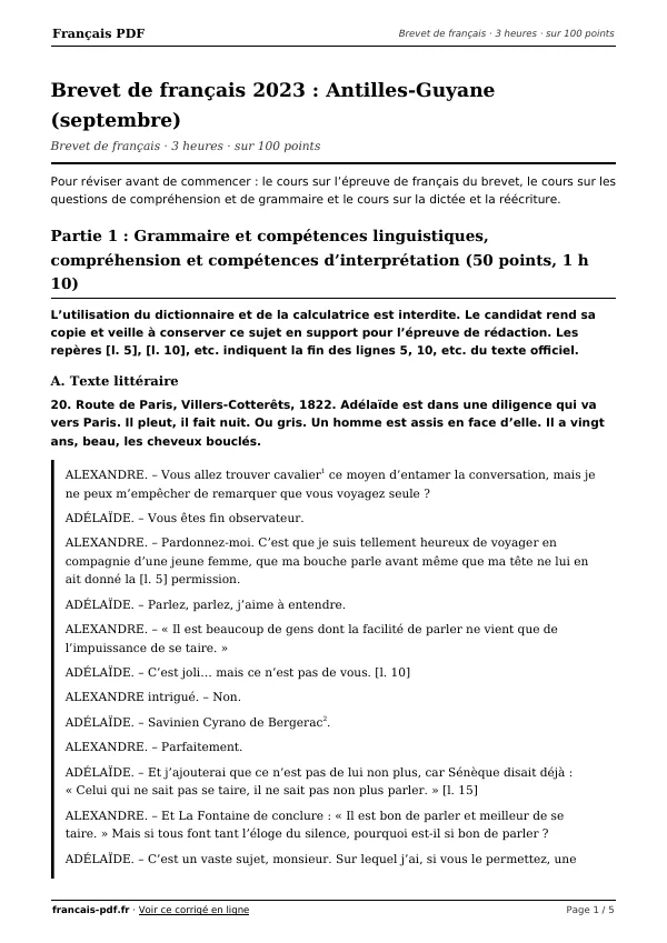 Brevet de français 2023 en PDF