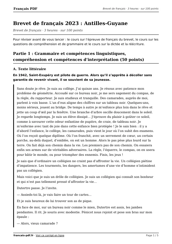 Brevet de français 2023 en PDF