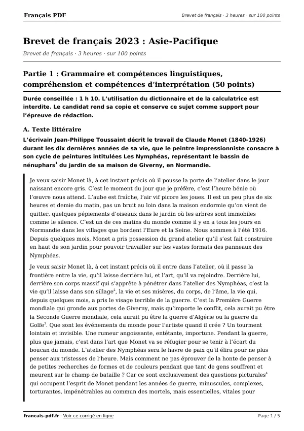 Brevet de français 2023 en PDF