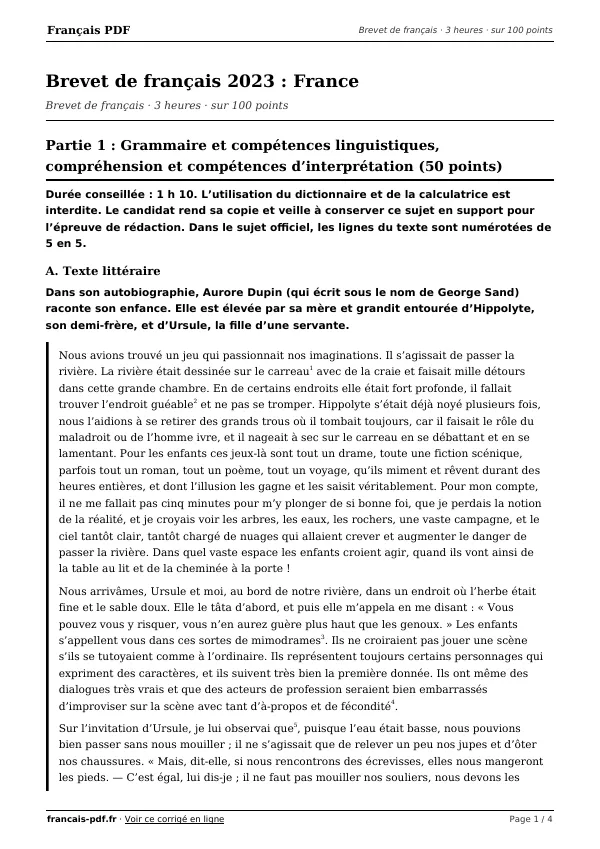 Brevet de français 2023 en PDF