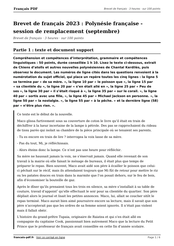 Brevet de français 2023 en PDF