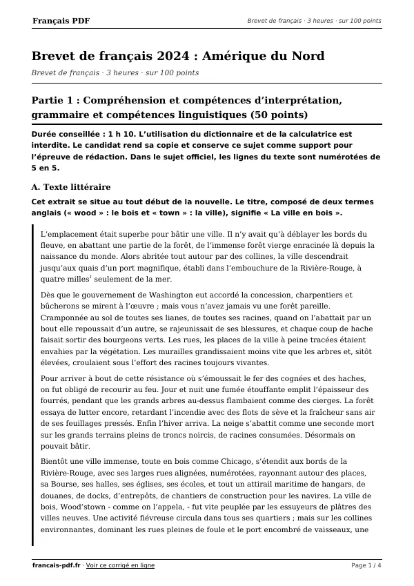 Brevet de français 2024 en PDF