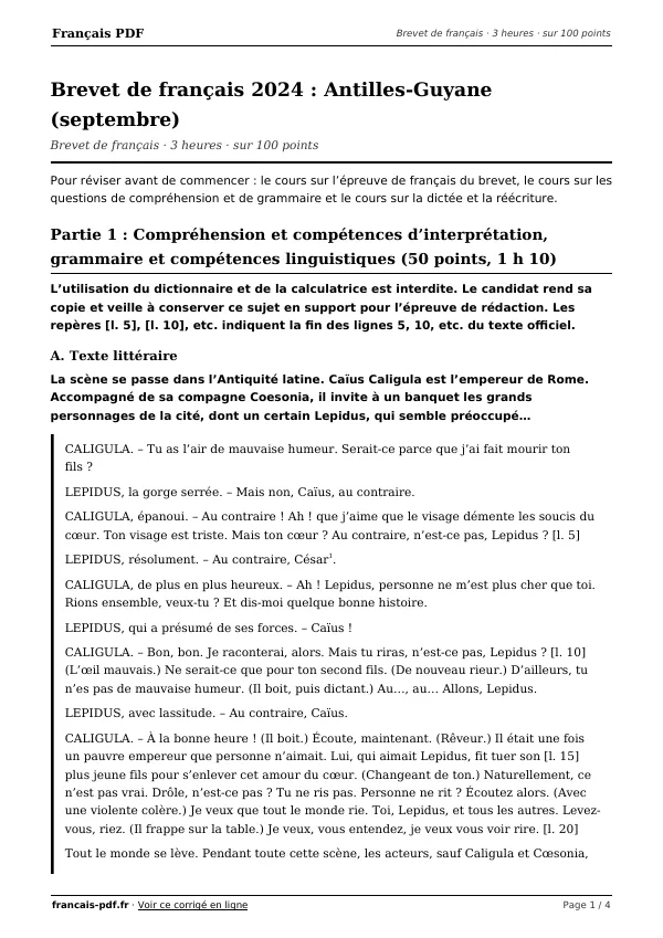 Brevet de français 2024 en PDF