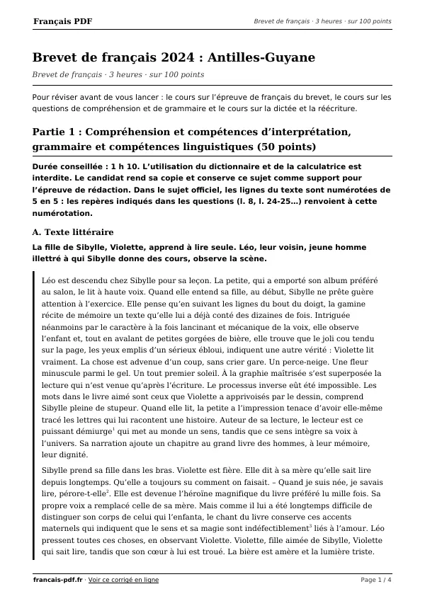 Brevet de français 2024 en PDF