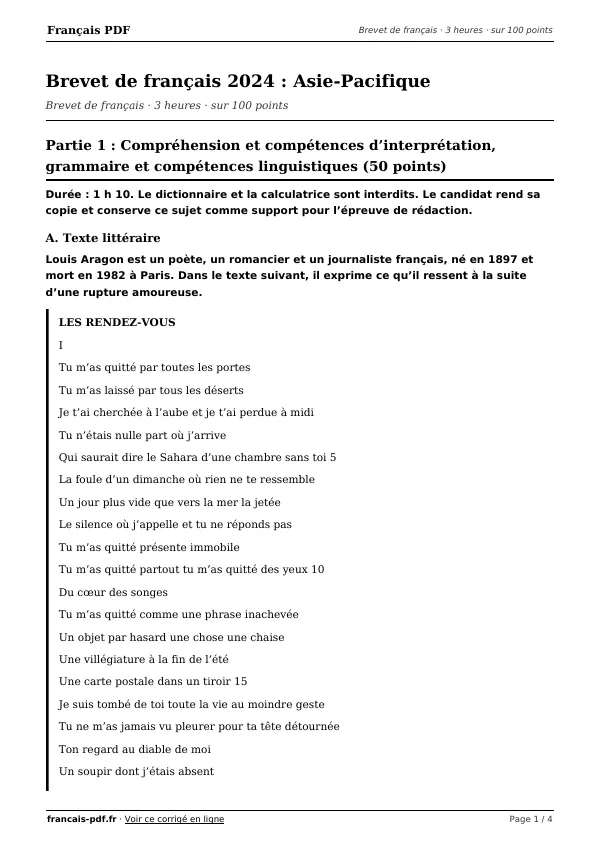 Brevet de français 2024 en PDF