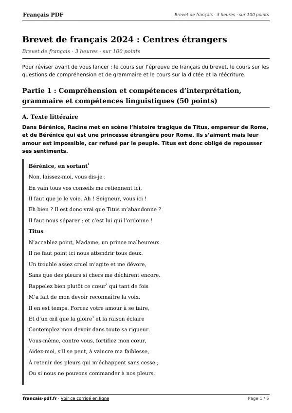 Brevet de français 2024 en PDF