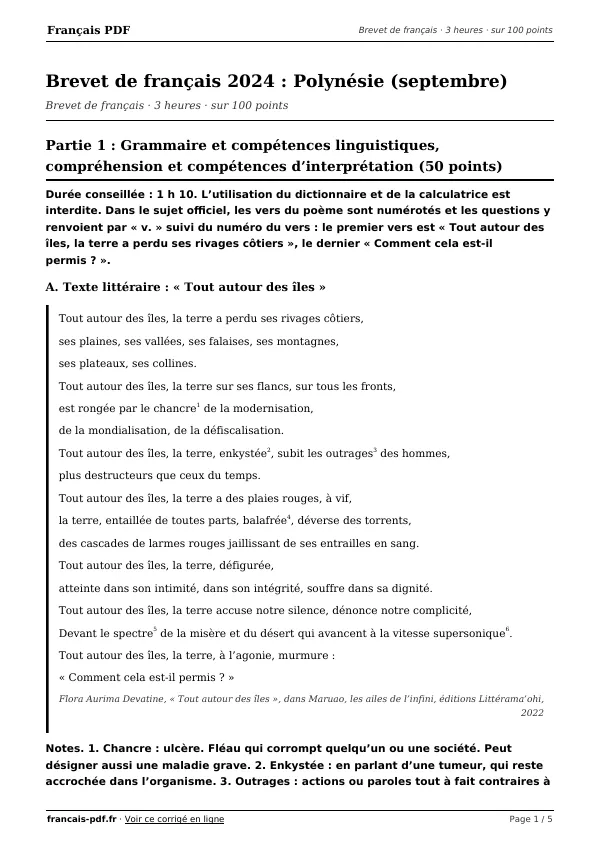 Brevet de français 2024 en PDF
