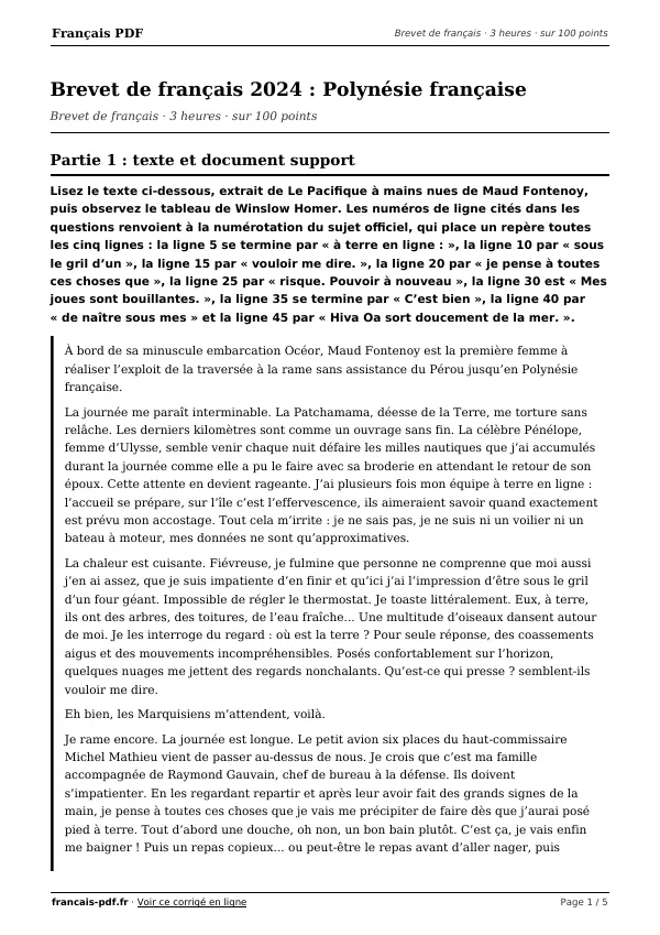 Brevet de français 2024 en PDF
